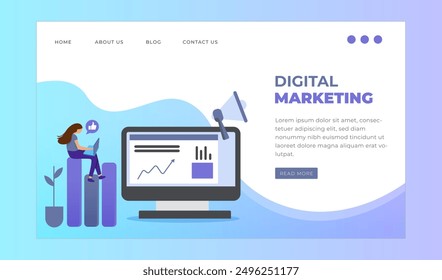 Develop a Digital Marketing concept with a blue color scheme, incorporating sleek visuals, modern graphics, and strategic layouts to convey professionalism, trust, and innovation effectively.
