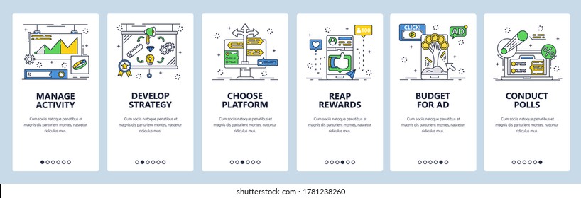 Develop digital marketing strategy, manage activity choose social media platform get reward. Mobile app screens. Vector banner template for website and mobile development. Web site design illustration