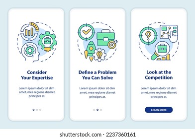 Desarrollar y afinar consejos de ideas de negocios en la pantalla de aplicaciones móviles. Recorrido 3 pasos instrucciones gráficas editables con conceptos lineales. UI, UX, plantilla GUI. Multitud de tipos de letra Pro-Bold, con uso regular