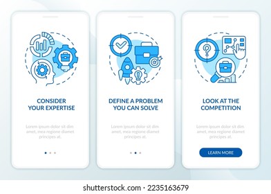 Develop and fine-tune startup idea blue onboarding mobile app screen. Walkthrough 3 steps editable graphic instructions with linear concepts. UI, UX, GUI template. Myriad Pro-Bold, Regular fonts used