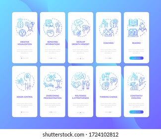 Develop healthy lifestyle blue onboarding mobile app page screen with concepts. Personal growth with coaching walkthrough 5 steps graphic instructions. UI vector template with RGB color illustrations