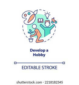 Develop hobby concept icon. Take break from routine life. Improving self esteem abstract idea thin line illustration. Isolated outline drawing. Editable stroke. Arial, Myriad Pro-Bold fonts used