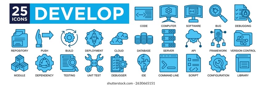 develop icon collection set. Containing Risk Code, Computer, Software, Bug, Debugging,