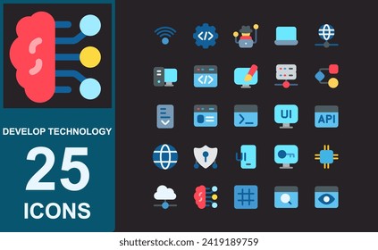 develop icons.flat style with dark background.vector set of develop technology.