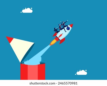 Develop innovation. Business team flying with rocket soaring from pencil 