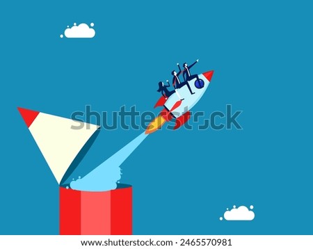 Develop innovation. Business team flying with rocket soaring from pencil 