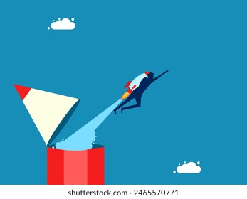 Develop innovation. Businessman flying with rocket soaring from pencil 