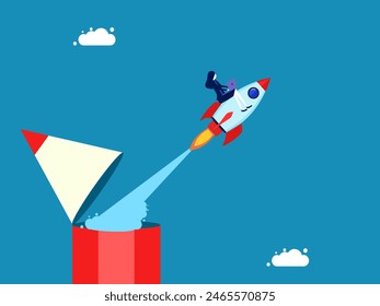 Develop innovation. Businesswoman drives rocket out of a pencil 