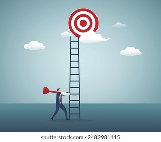 Develop ladder to success, set business goal, target, purpose and objective concept, businessman set up ladder of success to reach target. New business, start up.