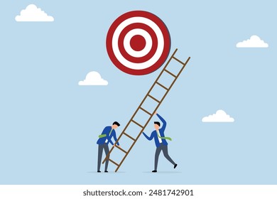 Develop ladder to success, team of businessman helps to create ladder of success to reach the goal.