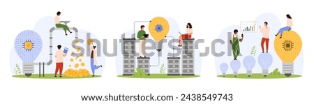 Develop and monetize digital project and solution set. Tiny people connect bright light bulb with circuit inside and cloud servers, control flow of money and investment cartoon vector illustration