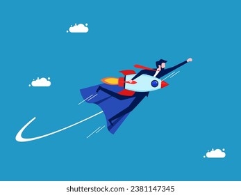 Develop new innovations. Businessman hero holds a rocket and flies in the sky