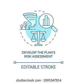 Develop plan risk assessment turquoise concept icon. Strategy to analyze abstract idea thin line illustration. Isolated outline drawing. Editable stroke. Roboto-Medium, Myriad Pro-Bold fonts used