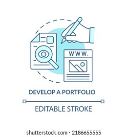 Entwickeln Sie ein Portfolio türkisfarbenes Konzeptsymbol. Webproben. Werden Sie Web-Designer abstrakte Idee dünne Linie Illustration. Einzeln Umrisszeichnung. Bearbeitbarer Strich. Arial, Myriad Pro Fett Schriftarten verwendet