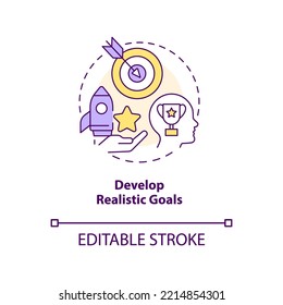 Develop realistic goals concept icon. Attainable work aims. Project management abstract idea thin line illustration. Isolated outline drawing. Editable stroke. Arial, Myriad Pro-Bold fonts used