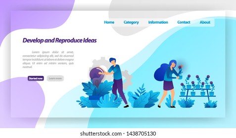 Develop and Reproduce Ideas. park with light bulb plants. teamwork harvesting and caring for idea. vector illustration concept for landing page, ui ux, web, mobile app, poster, banner, website, flyer
