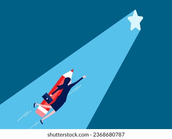 Develop success. Businesswoman flying with pencil heading towards star gate with beam of light
