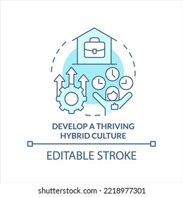 Develop Thriving Hybrid Culture Turquoise Concept Icon. Flexible Work Arrangement Abstract Idea Thin Line Illustration. Isolated Outline Drawing. Editable Stroke. Arial, Myriad Pro-Bold Fonts Used