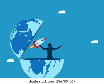 Develop world innovation. businessman throws a rocket out of the world