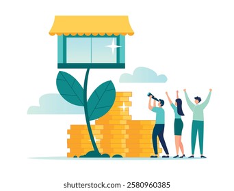 Develop your store and make more profit, expand the storefront or develop a small business, marketing to promote the concept of increasing store revenue, vector illustration