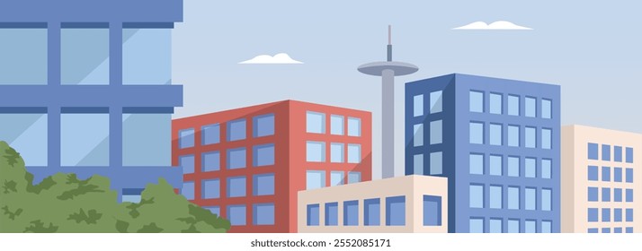 Developed countries building. Office center. Metropolitan building. City satellite. City tower. Modern business building. Apartment in the city. Urban cityscape. Bureau building illustration.