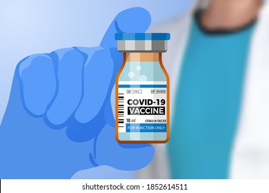 Developed Covid-19 Vaccine In Doctor Hand. Medical Bottle With Coronavirus Vaccine. Treatment For Coronavirus Covid-19. Vector Illustration