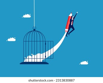 Developed for freedom and out of the box. Businessman flying with pencil from prison