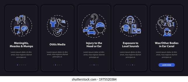 Developed hypoacusis onboarding mobile app page screen with concepts. Injury to head and ear walkthrough 5 steps graphic instructions. UI, UX, GUI vector template with linear night mode illustrations