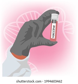 A developed vaccine in the hand of a doctor. Medical vial with a vaccine. 