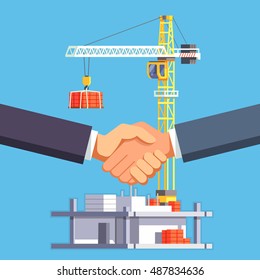 Developer and buyer shaking hands on a deal of construction of multistory building house or a skyscraper. Modern flat style vector illustration.