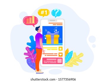Developer character communication with touchscreen phone. Man creative idea in business strategy, using app in smartphone. User working with wireless device for developing innovation technology vector