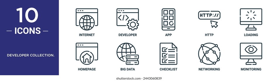 developer collection. outline icon set includes thin line internet, developer, app, http, loading, homepage, big data icons for report, presentation, diagram, web design