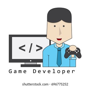developer of computer games keeps the gamepad, programmer-coder, vector image, flat design