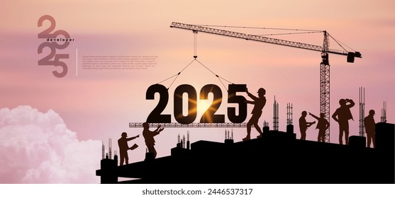 Entwickler. Konzept Neues Jahr 2025 für Kennzeichnung, Bau-Pakete. Zukunftsplanung und Ziele. Silhouette eines Baukrans auf einer Baustelle erhöht die Zahl 2025 Jahr. Realistische Vektorgrafik.