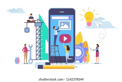Developer create application. Mobile app development. Cartoon illustration vector graphic on white background.
