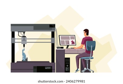 Developer and Engineer using 3d Printer for Creating Model in Laboratory. Modeling Printing Progress, Additive Technology Development, Innovation. Cartoon Flat Vector Illustration