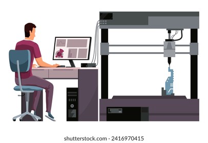 Developer and Engineer using 3d Printer for Creating Model in Laboratory. Modeling Printing Progress, Additive Technology Development, Innovation. Cartoon Flat Vector Illustration