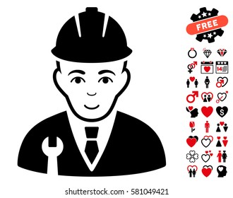 Developer icon with bonus decoration symbols. Vector illustration style is flat iconic intensive red and black symbols on white background.