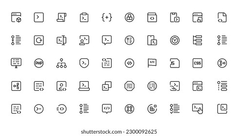 Developer icon set. Included the icons as code, programmer coding, mobile app, api, node connect, flow, logic, web coder, bug fix 
