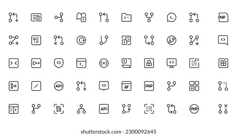 Conjunto de iconos del desarrollador. Se incluyeron los iconos como código, codificación de programadores, aplicación móvil, api, conexión de nodos, flujo, lógica, codificador web, corrección de fallos 
