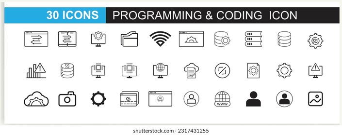 Developer icon set. Included the icons as code, programmer coding, mobile app, API, node connect, flow, logic, and web coder Vector.