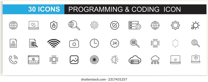 Developer icon set. Included the icons as code, programmer coding, mobile app, API, node connect, flow, logic, and web coder Vector.
