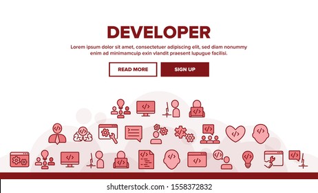 Developer Landing Web Page Header Banner Template Vector. Coder Developer And Human Silhouette, Gear And Heart, Light Bulb And Dialog Window Illustration