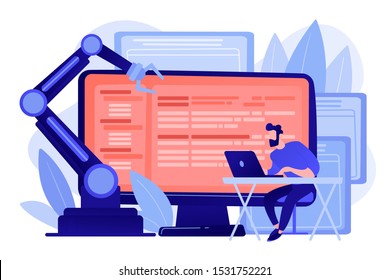 Developer at laptop and computer with open robotic soft. Open automation architecture, open source robotics soft, free development concept. Pinkish coral bluevector isolated illustration