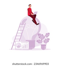A developer with a laptop sits over an electric lamp. New idea concept. Creativity and analysis, brain activity. Trend Modern vector flat illustration