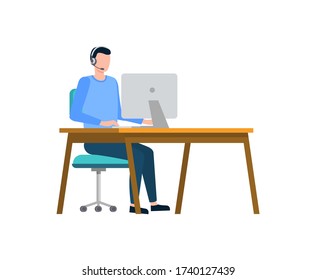 Developer with laptop sitting by table vector, man working on computer wearing headphones, support of clients and customers, male at work flat style