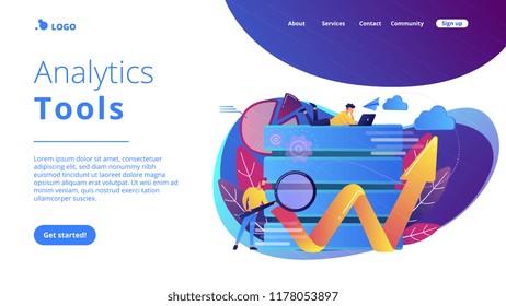 Developer with magnifying glass working with big data and zigzag arrow. Digital analytics tools, data storage and software engineering concept, violet palette. Website landing web page template.