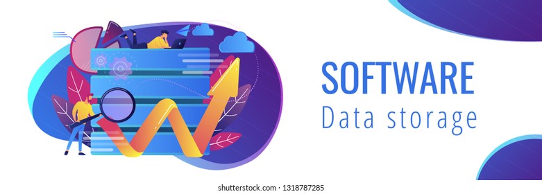 Developer with magnifying glass working with big data and zigzag arrow. Digital analytics tools, data storage and software engineering concept, violet palette. Header or footer banner template.