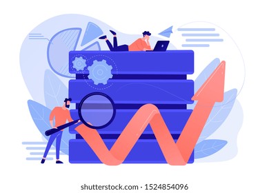 Developer with magnifying glass working with big data and zigzag arrow. Digital analytics tools, data storage and software engineering concept, violet palette. Vector isolated illustration.