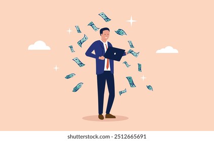 Developer making money - Man with laptop computer standing, smiling while money is raining down from the sky. Salary and income concept in flat design vector illustration